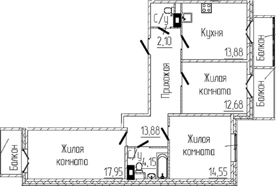 3-комнатная квартира 82.39 м², 6/6 эт., ЖК «SERTOLOVO PARK»